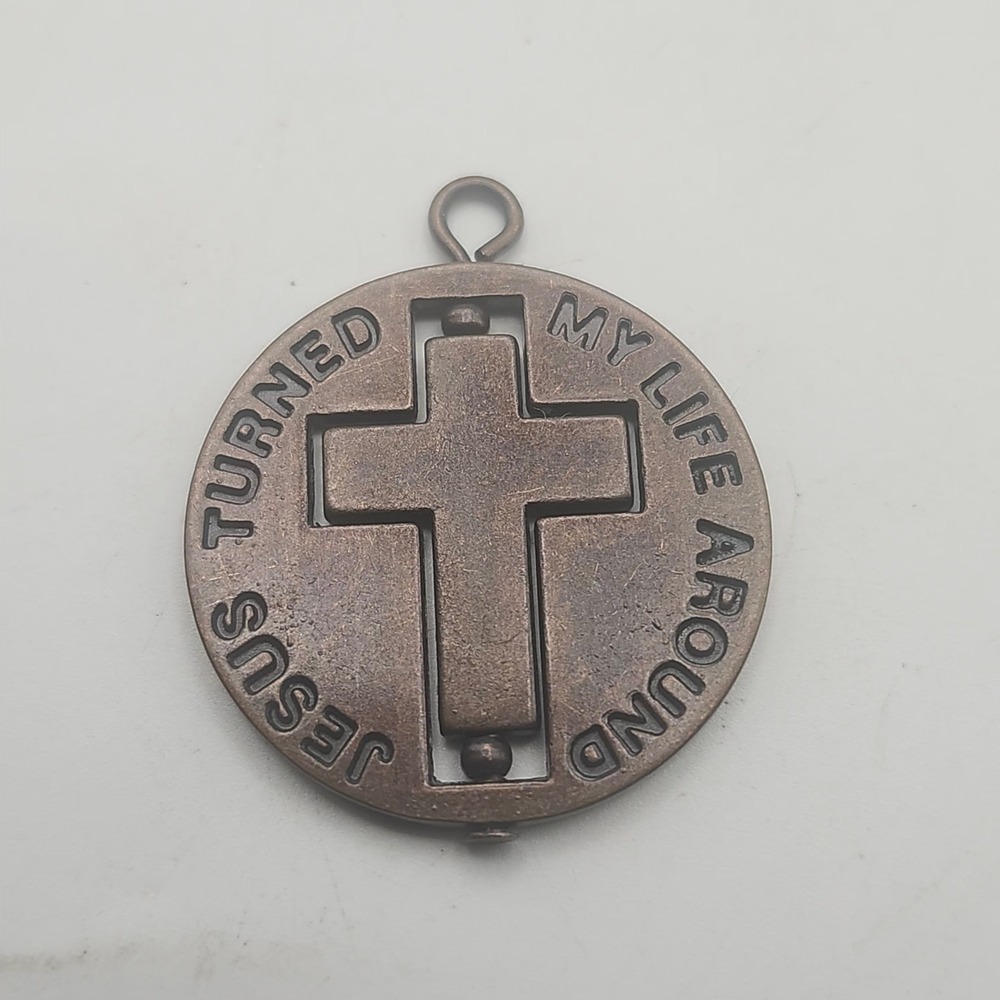 Jesus Turned My Life Around Spinner Cross Pendant Bronze Tone 3D Pendant Medal